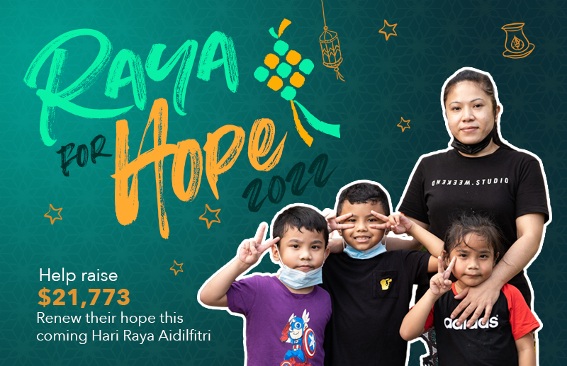 raya for hope banner with a portrait of mdm hariati and her 3 children